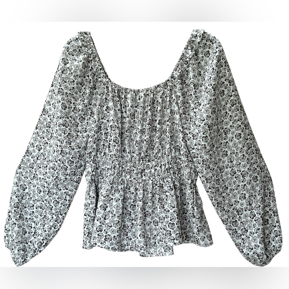 NWOT Nine West Boho Gray White Floral On Off Shoulder Peplum Blouse Size M - Picture 5 of 11